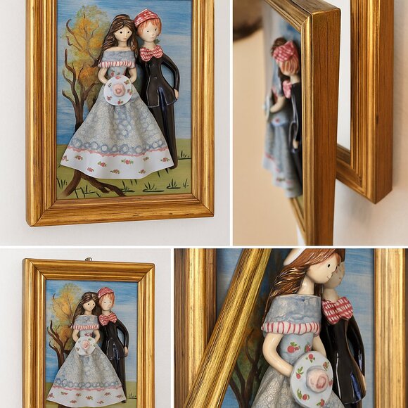 Vintage Handcrafted 3D Clay Wall Plaque Romantic Couple Framed Folk Art 7x - Picture 2 of 3